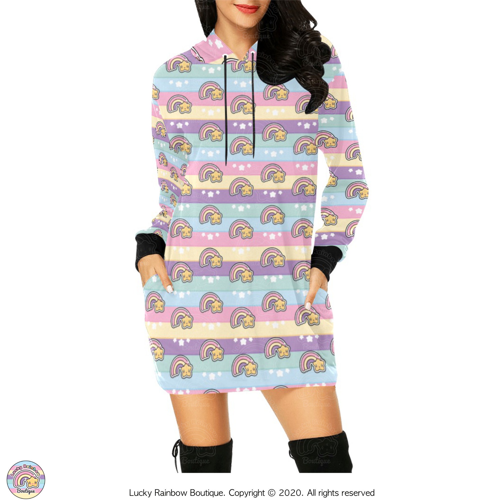 Pastel Rainbow Oversized Hoodie, Kawaii Clothing, Rainbows and Stars Sweater Dress, Harajuku Sweatshirt, Sweet Fairy Kei, 80s Clothing