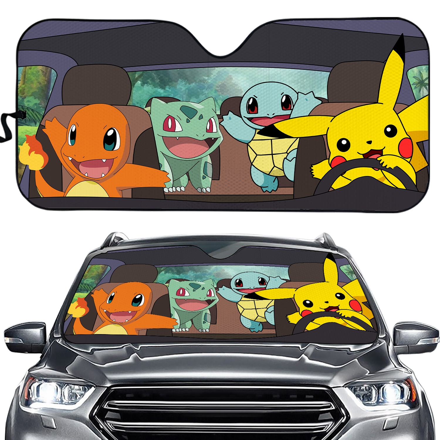 PKM Pika Grass Auto Sunshade Auto Car Windshield Window Sun Shade, Car Decor Gift For Him