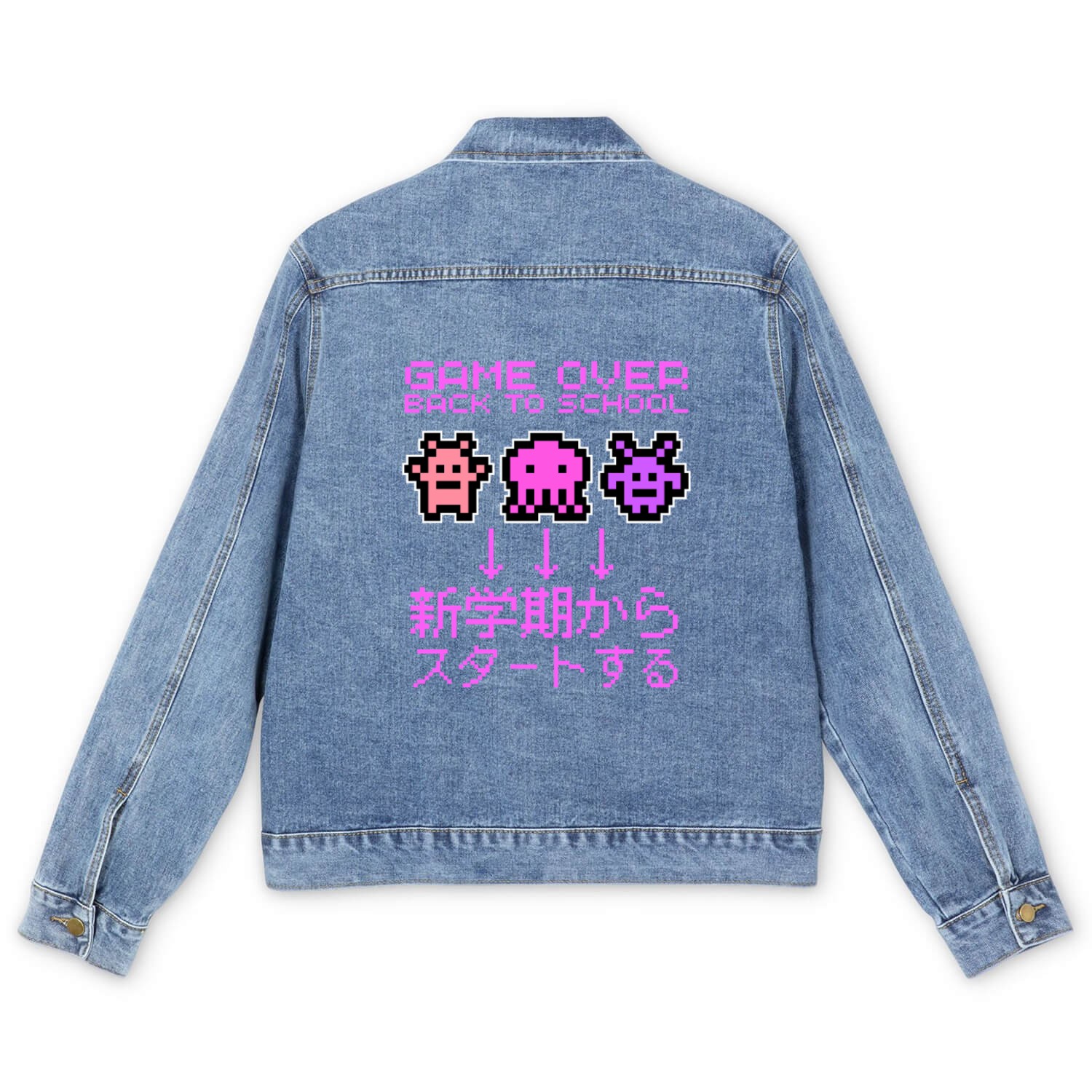 Back to Schoo Pixel Monsters Pink Men's Denim Jackets
