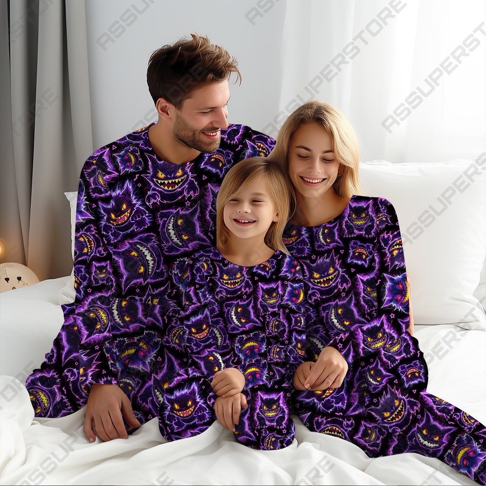 Ghost Gengar Pajamas Cute Gengar Neon Family Pajamas Japanese Anime Pajamas Gift