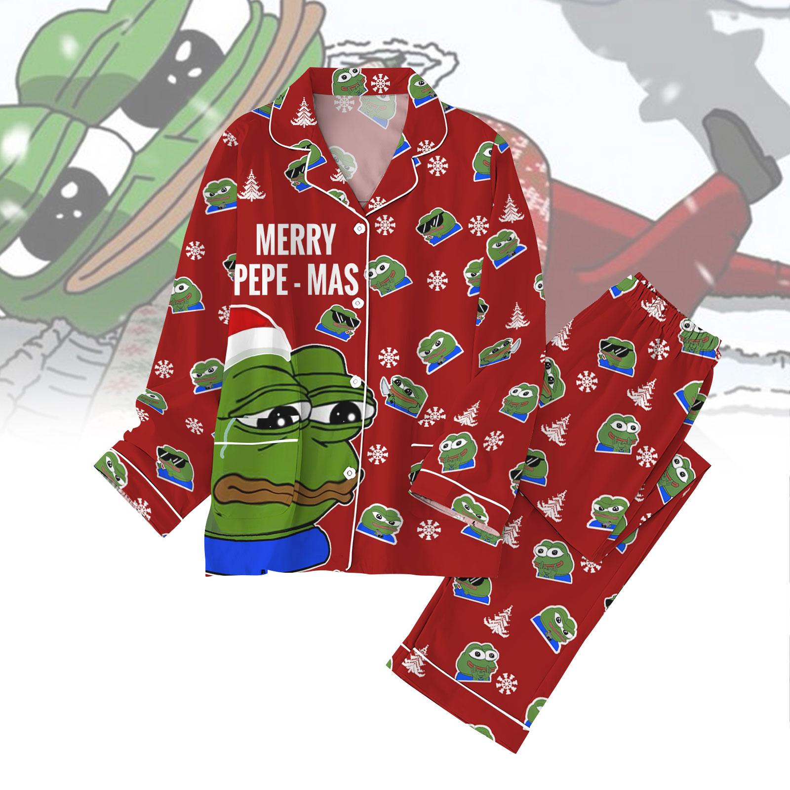 Christmas Frog Meme Pajamas Set, Merry Sad Pepe Fleece Pajamas, Frog Santa Hat Sleepwear Women, Matching Christmas Family Pajamas