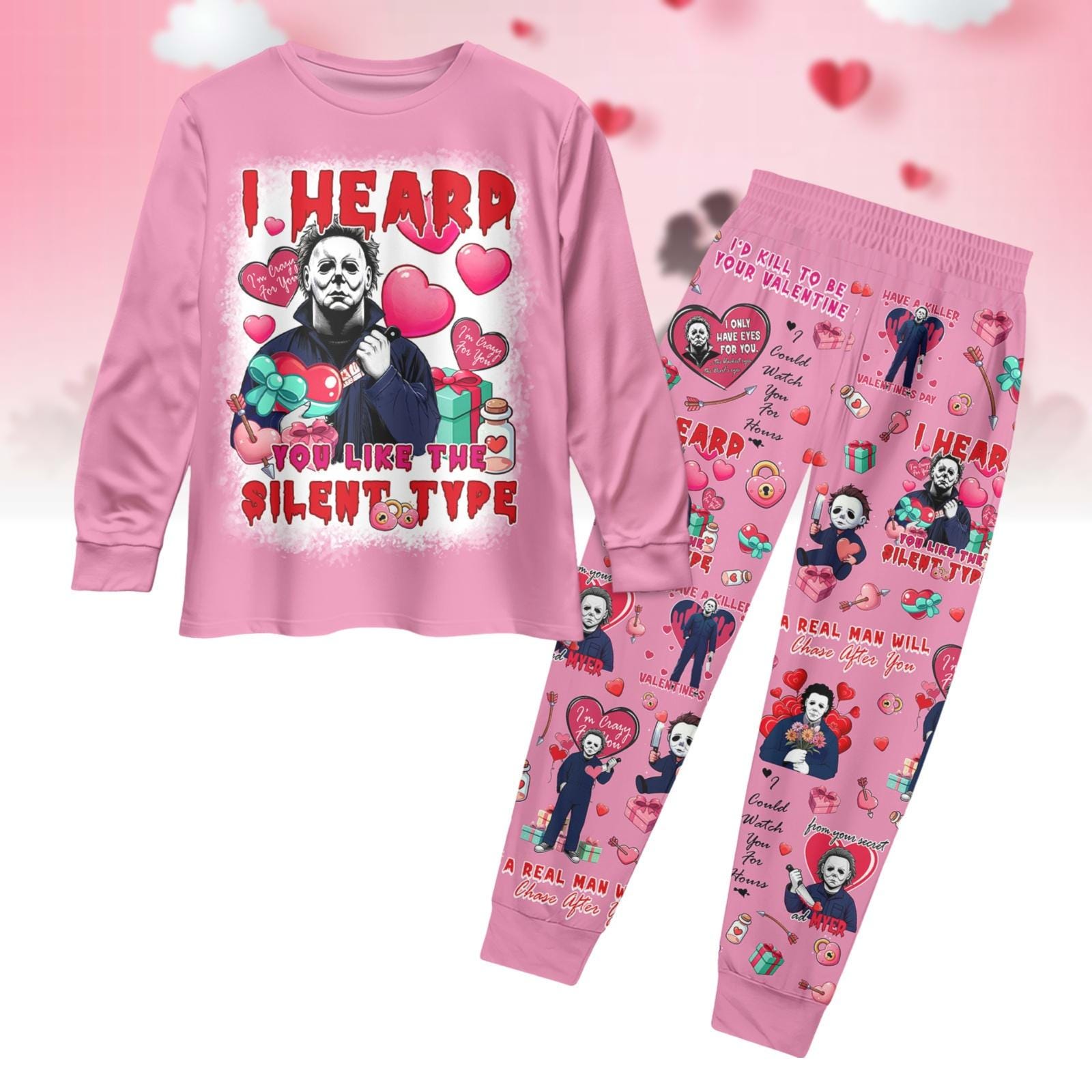 Michael Myers Valentine Family Pajamas, I Heard You Like The Silent T-Shirt, Horror Characters Couple Pajamas, Scary Movie Valentine's