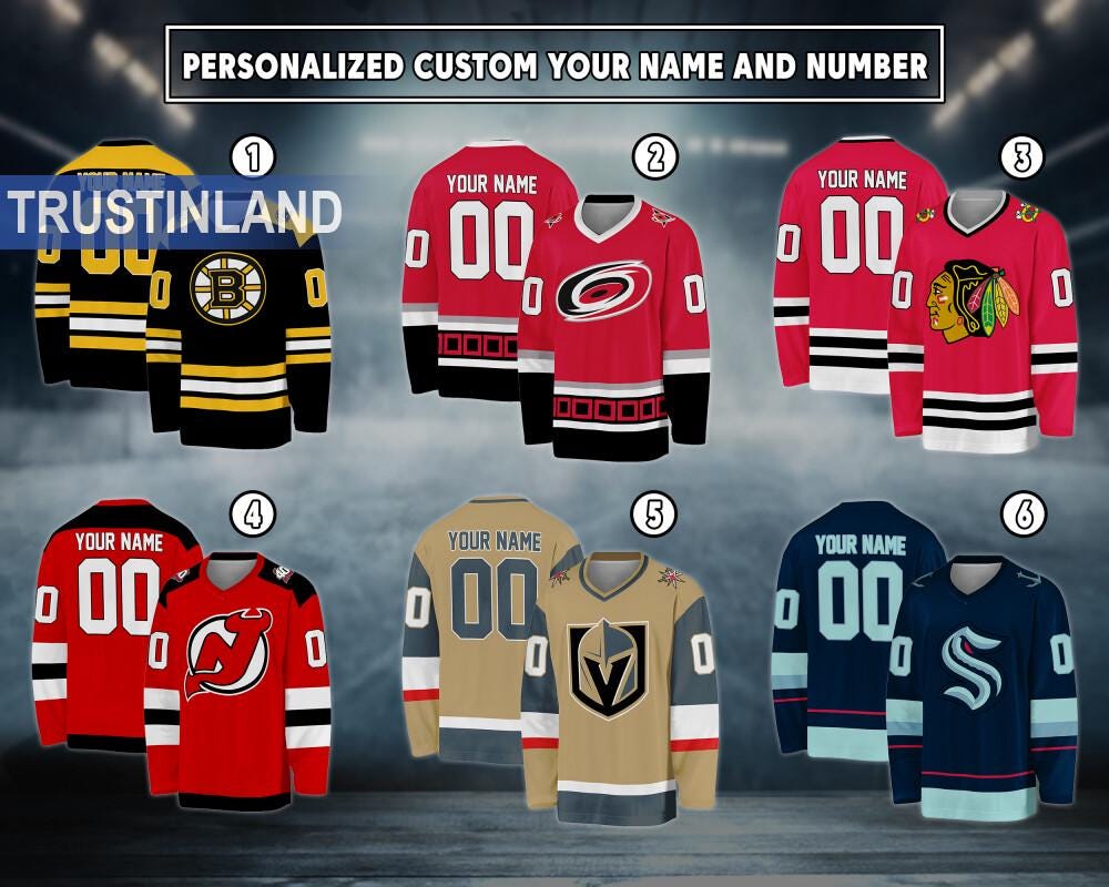 Personalized Custom Ice Hockey Jersey, Jersey For Men Women, Boston, Carolina, Chicago, New Jersey, Vegas, Seattle Fan Jersey