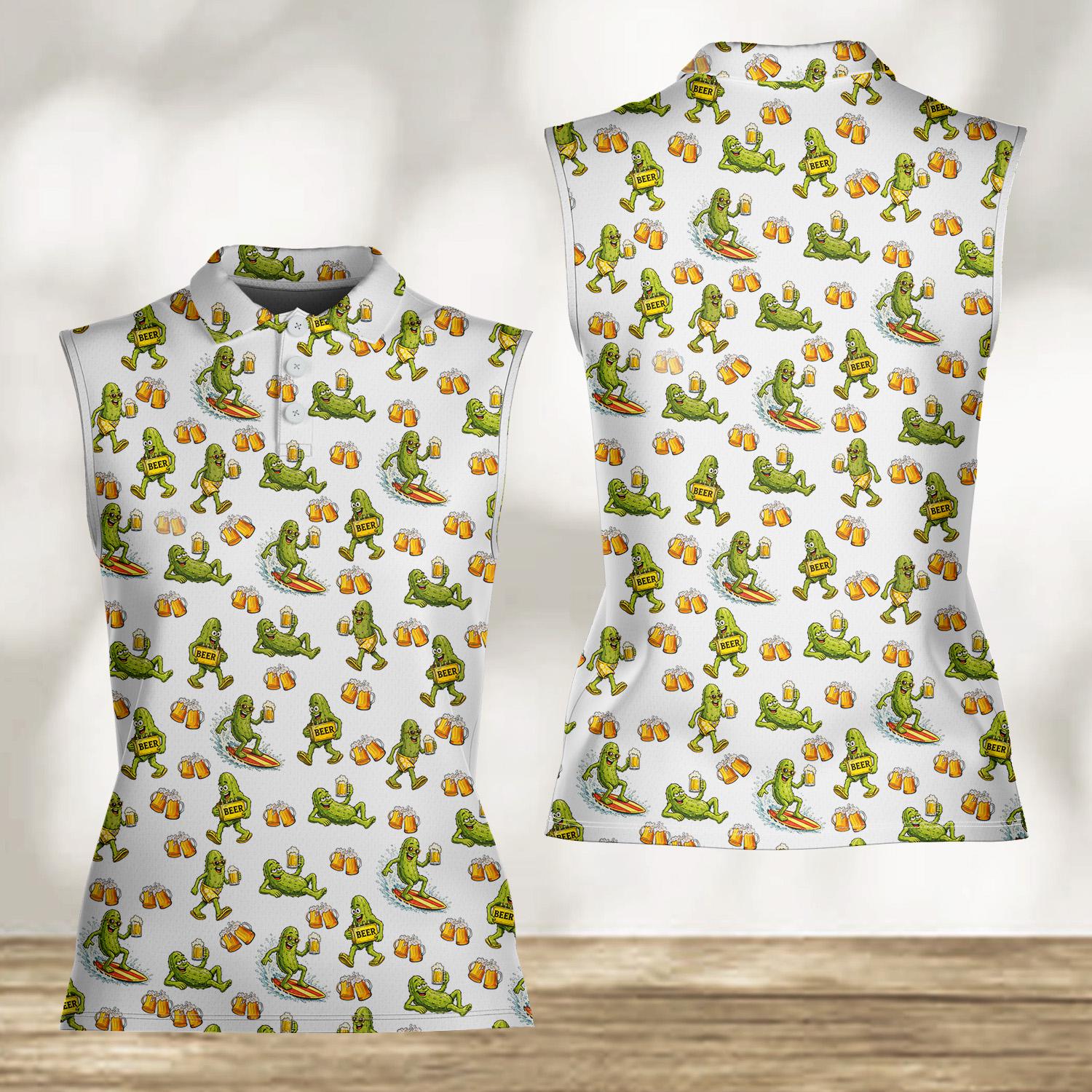 Women Sleeveless Polo Shirt, Funny Pickle Print, Pickle Lover Gift, BBQ Party Summer Top, Matching Group Beer Polo