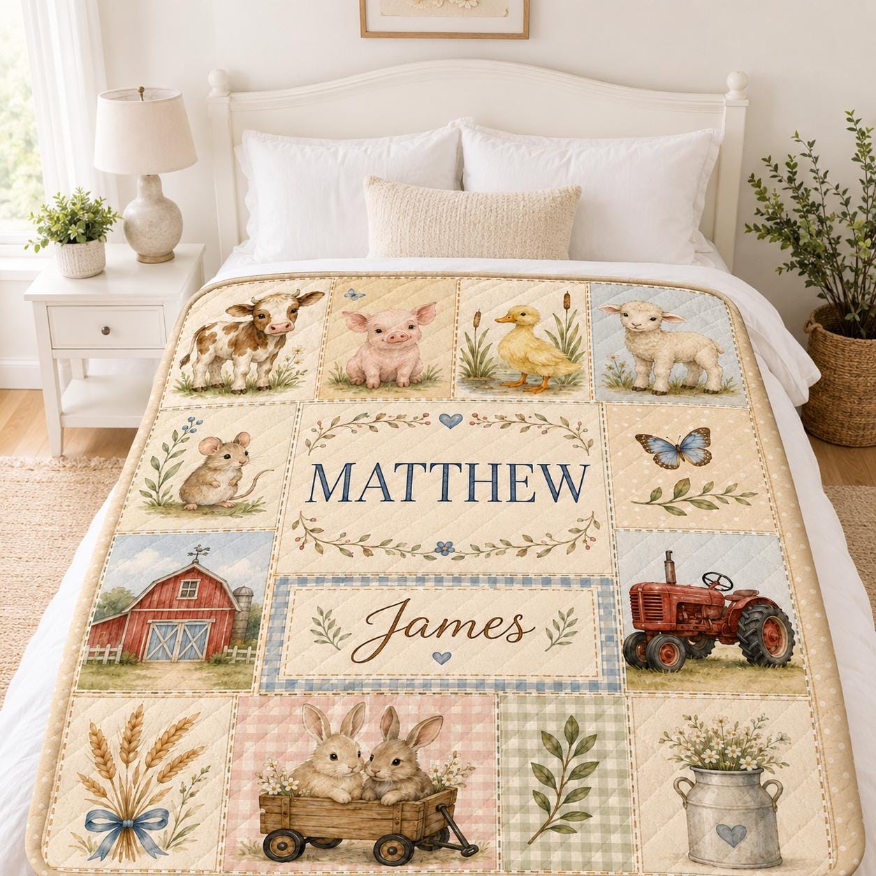 Personalized Farm Animal Quilt Blanket, Custom Baby Name Barnyard Nursery Quilt