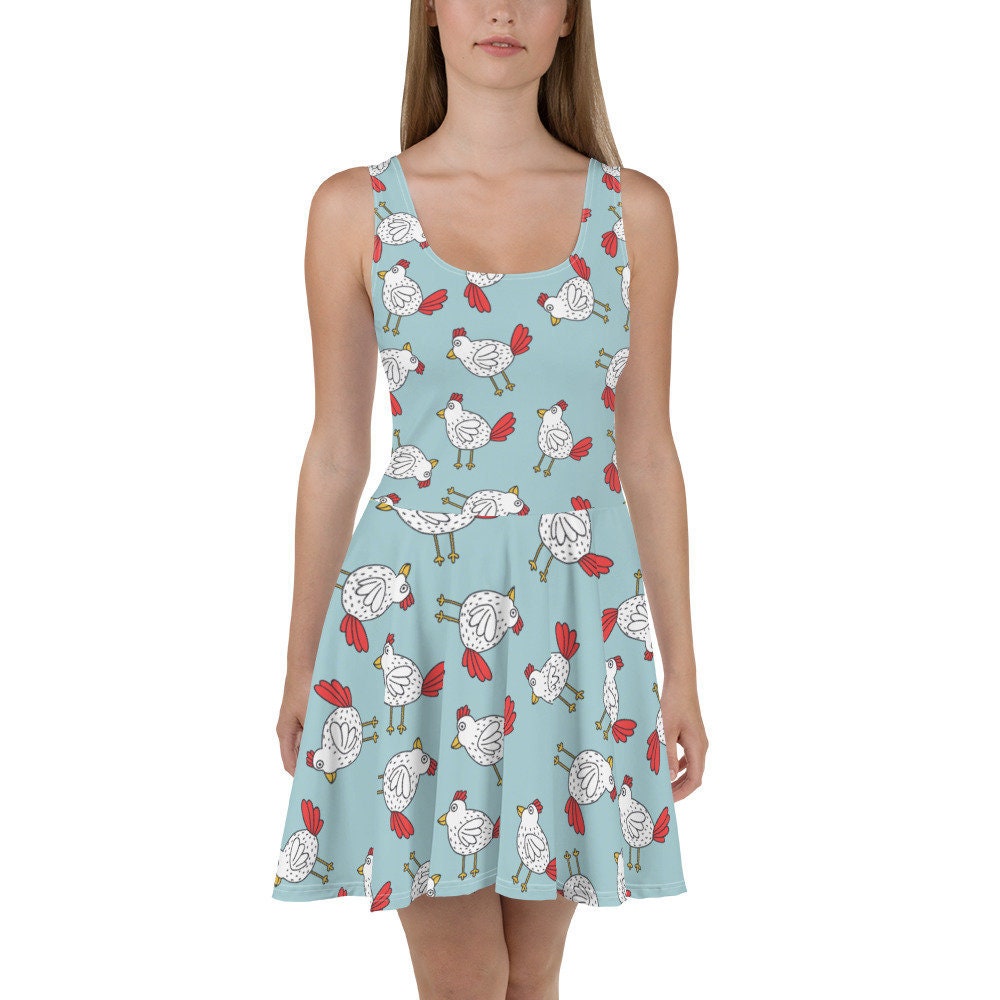 Chicken, Flowy Skater Dress, Stretchy Fitted Dress, Skater Skirt - Fun, farm, farmer, Backyard, Fowl, Pet, Cluck, Flowers, Bird