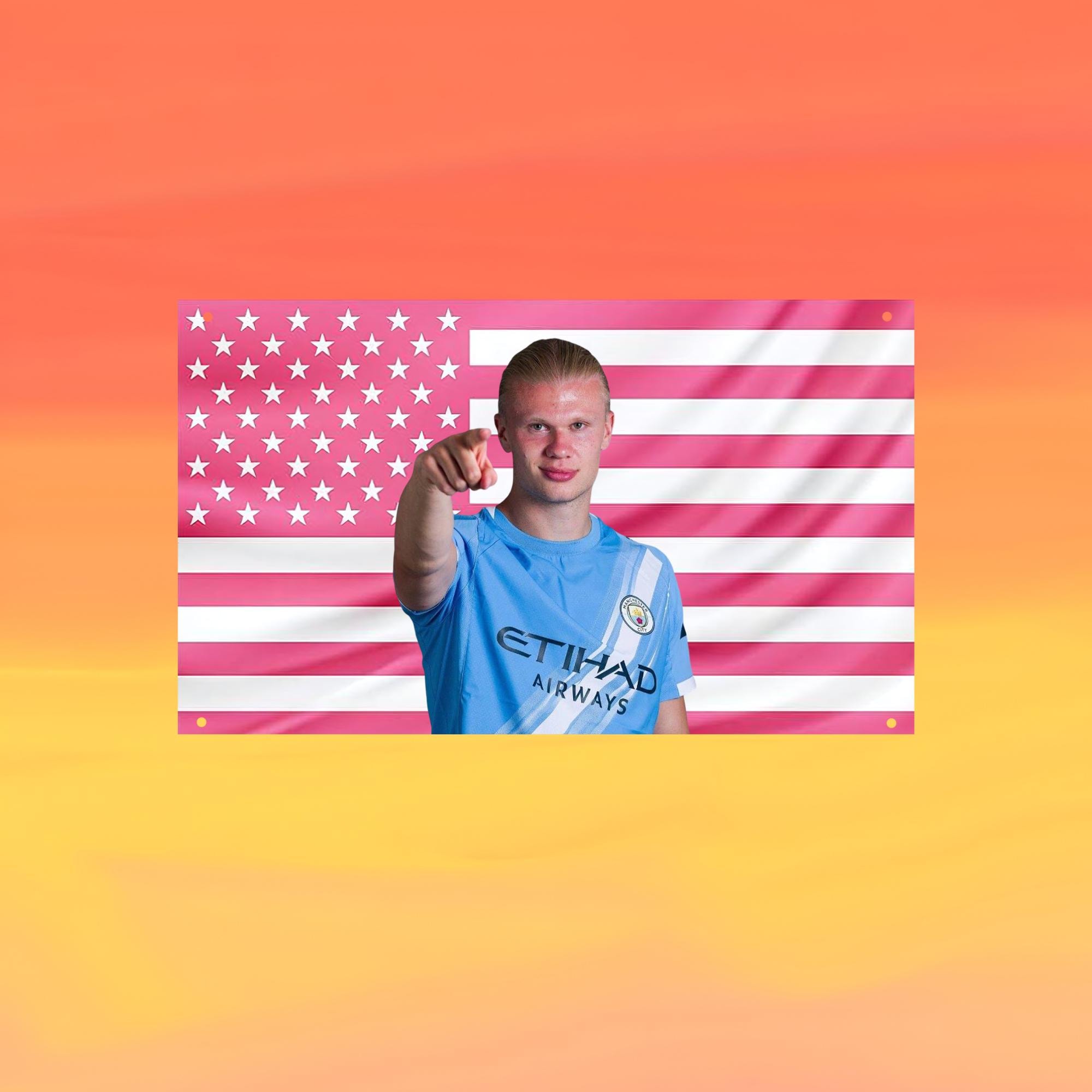 Erling Haaland Pink US Wall Tapestry Flag, Football Wall Art, Soccer Bedroom Decor, Sports Fan Banner