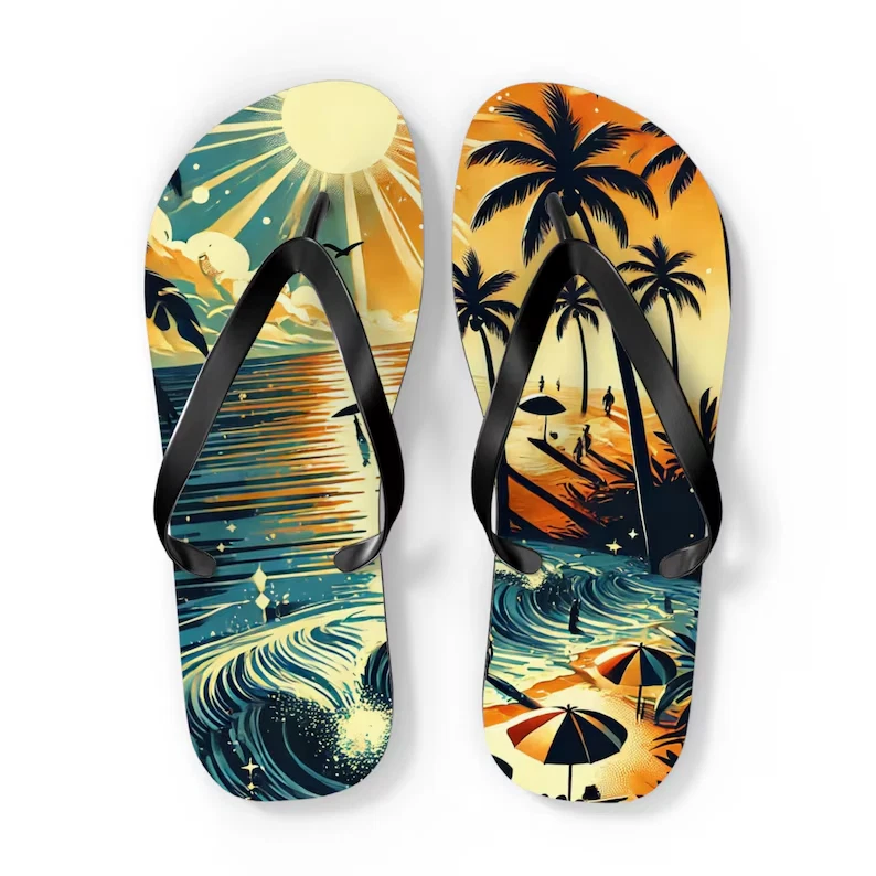 Tropical Sunset Beach Flip Flops, Summer Vacation Flip Flops for Men & Women
