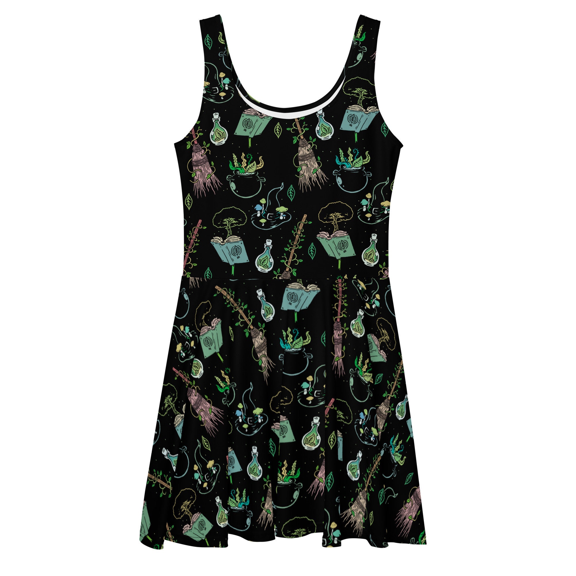 Green Witch Skater Dress for Women Halloween Outfit