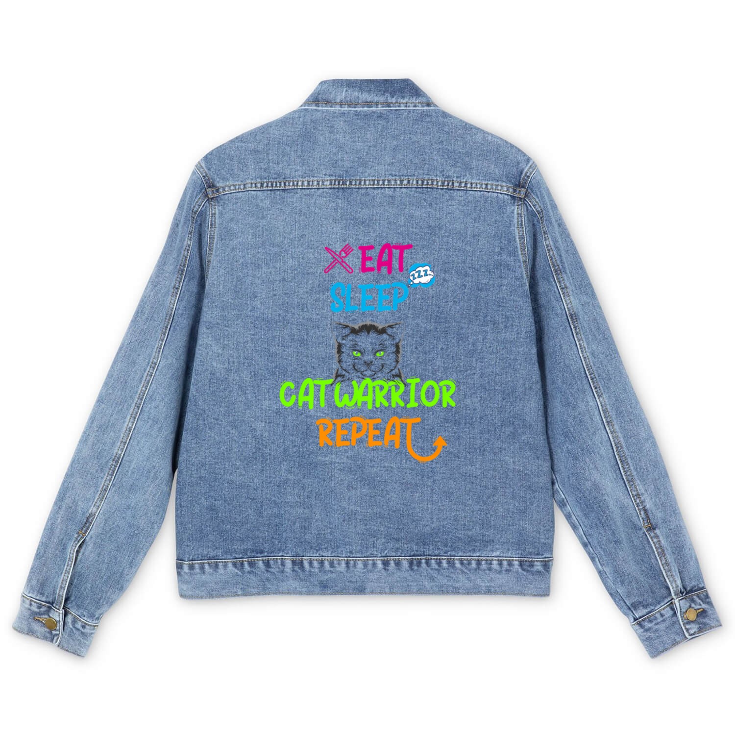Eat Sleep Cat Warrior Repeat Men's Denim Jackets