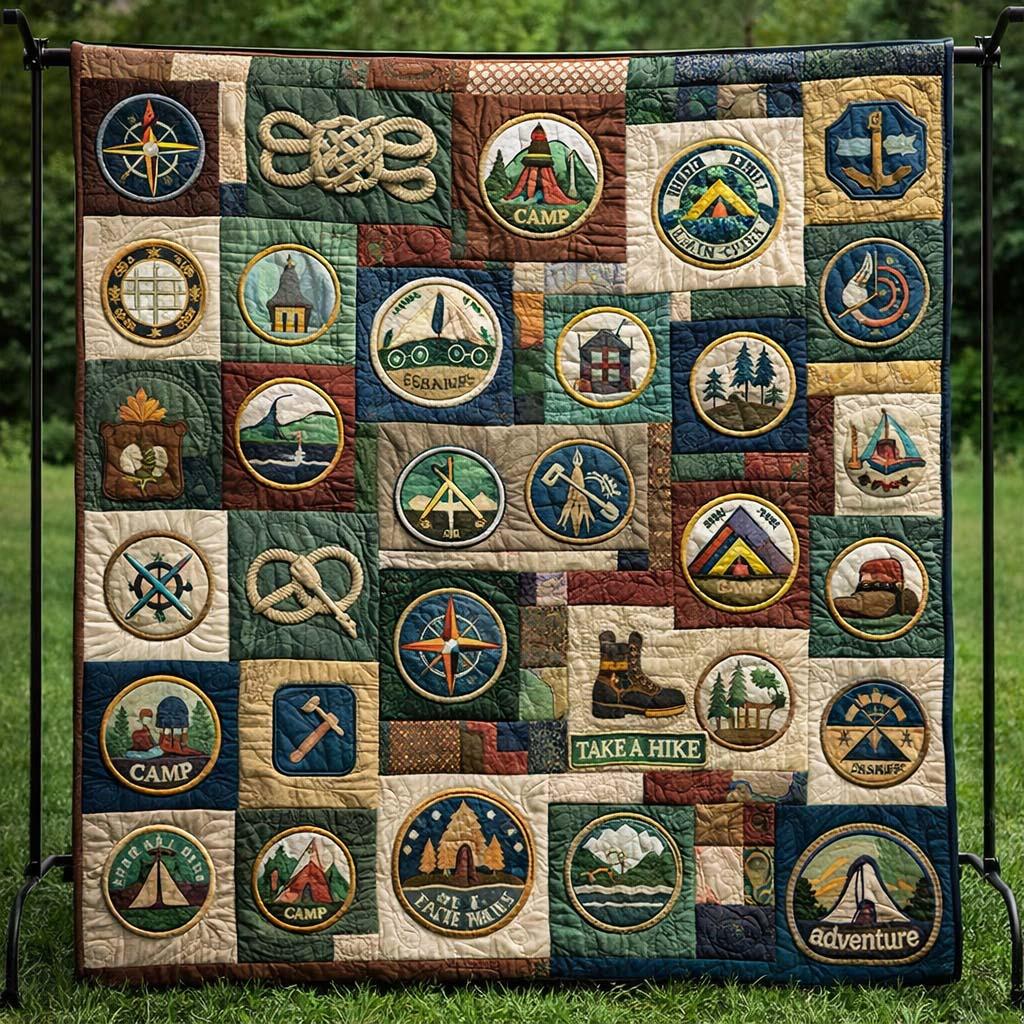 Camping Badge Quilt Blanket, Outdoor Adventure Patchwork, Hiking Camp Lover Bedding, Rustic Nature Scout Style Quilt