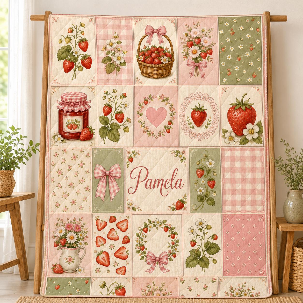 Personalized Strawberry Quilt Blanket, Custom Name Cottagecore Throw, Pink Floral Farmhouse Quilt