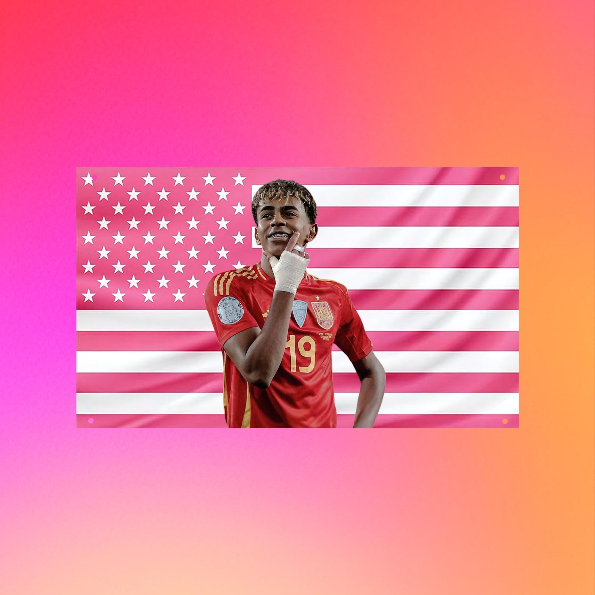Lamine Yamal Flag, Spain Soccer Tapestry, Football Wall Decor, Pink USA Flag Banner, Sports Bedroom Decor
