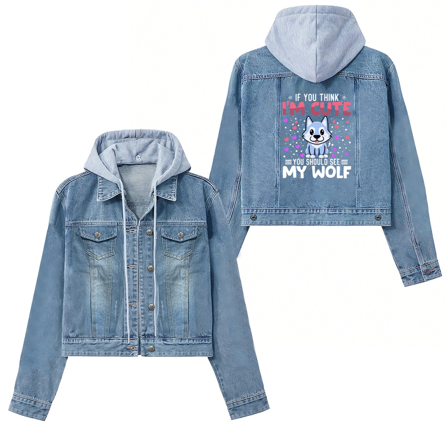 wolf Heart Valentine's Day Animal For Womens Kids Women's Denim Jackets