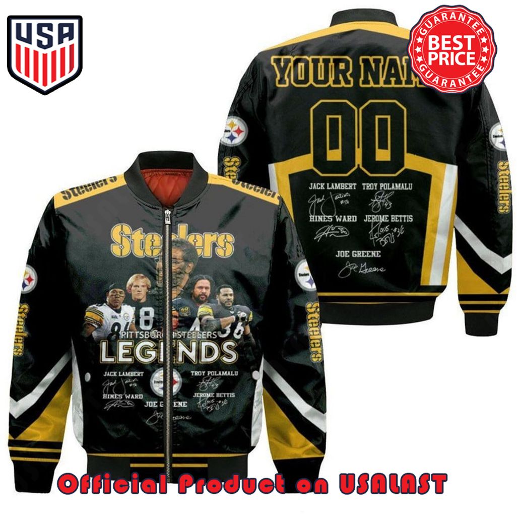 PITTSBURGH Steeler LEGENDS PATTERN PERSONALIZED BOMBER JACKET – BLACK AND YELLOW
