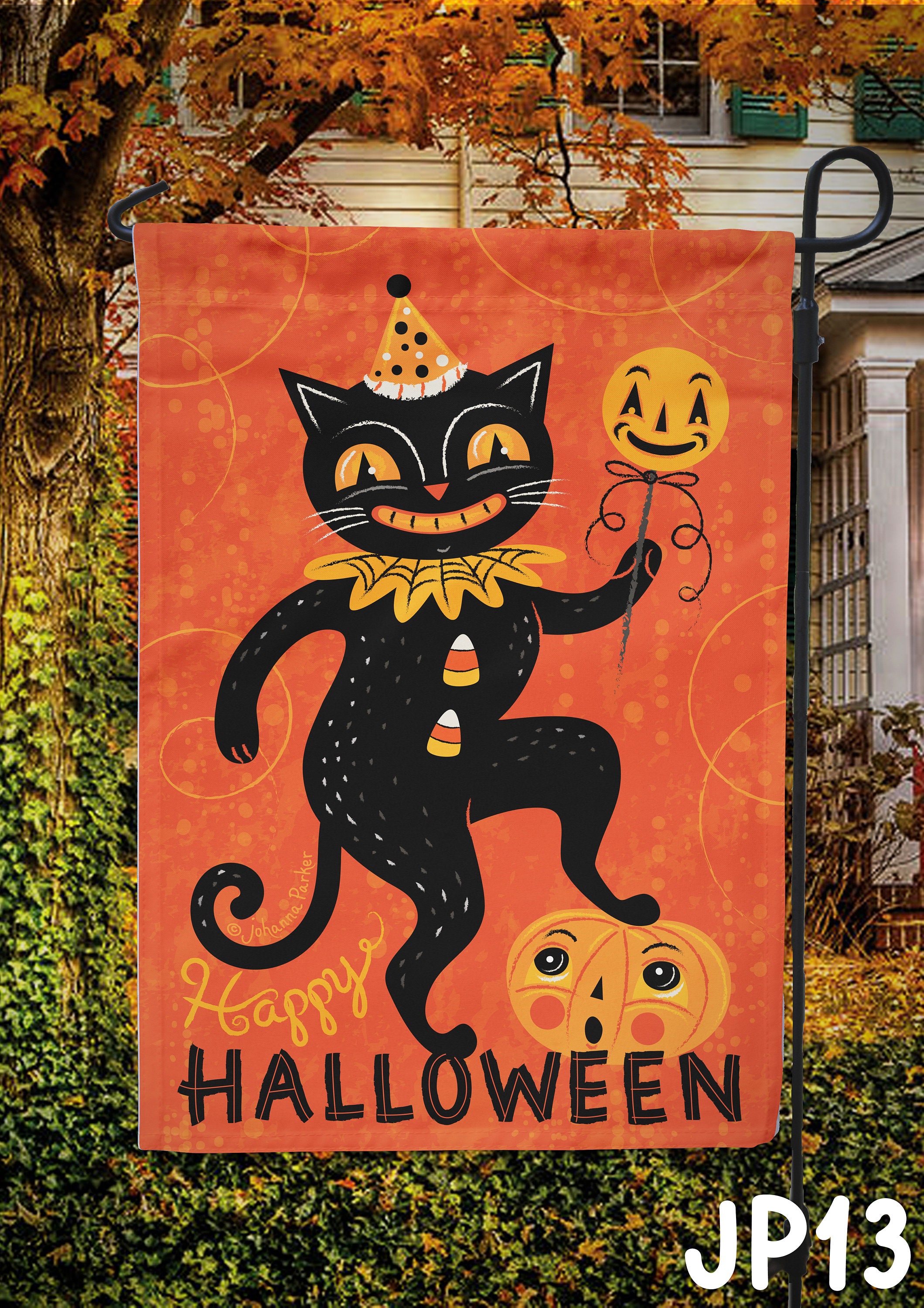 Dancing Black Cat Johanna Parker Design Garden Flag, Halloween Outdoor Flag, Haunted House Garden Flag
