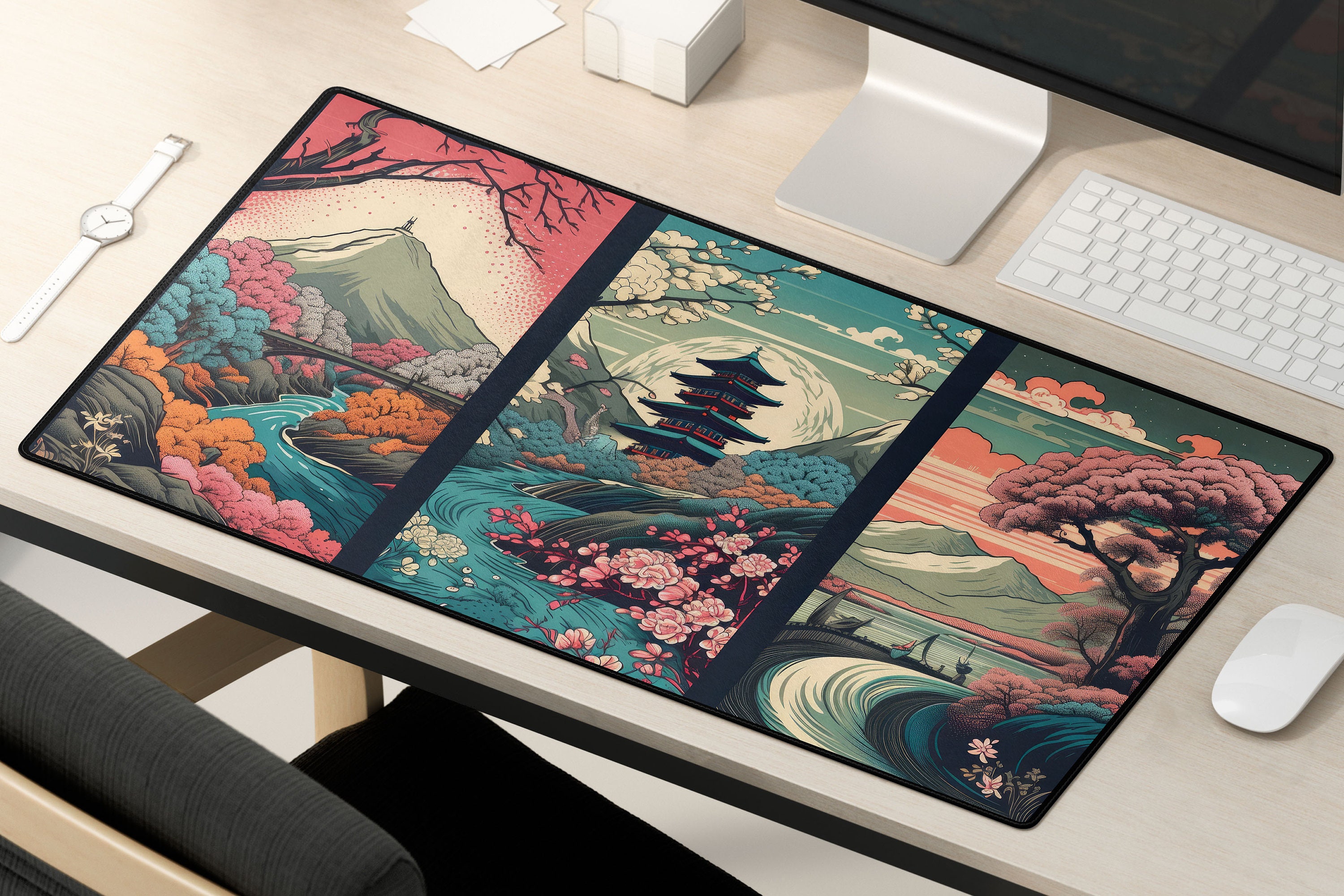 Ukiyo-e Anime Desk Mat: Japanese Mountain Landscape, Extended Mouse Pad