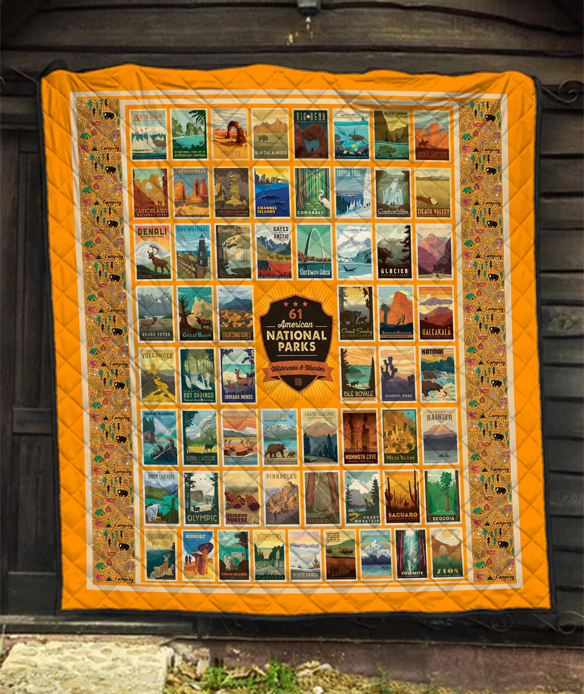 61 American National Parks Quilt Blanket, Vintage Travel Quilt