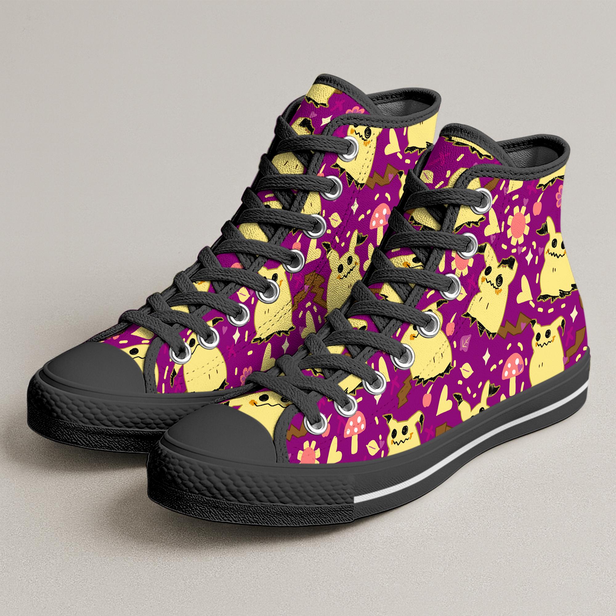 Mimikyu High Top Shoes, Cute Mimikyu Cosplay Pattern Sneakers, Spooky Art Design, Mimikyu Shoes Gifts