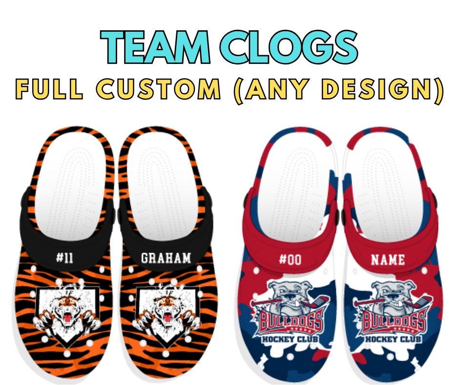 Custom Clogs, Personalized with Team Logo, Player Name and Number, Men, Women, Youth, baseball, football, hockey, lacrosse, Full Design Clog