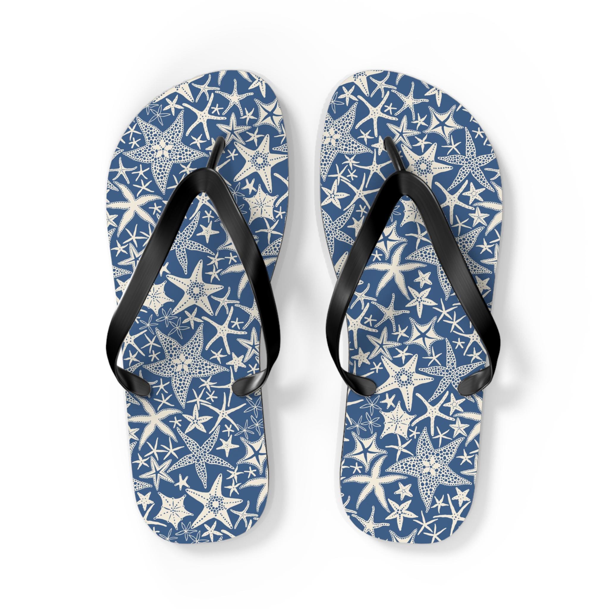 Blue Starfish Flip Flops for Women and Men, Coastal Beach Sandals, Nautical Summer Footwear, Sea Life Vacation Gift Idea