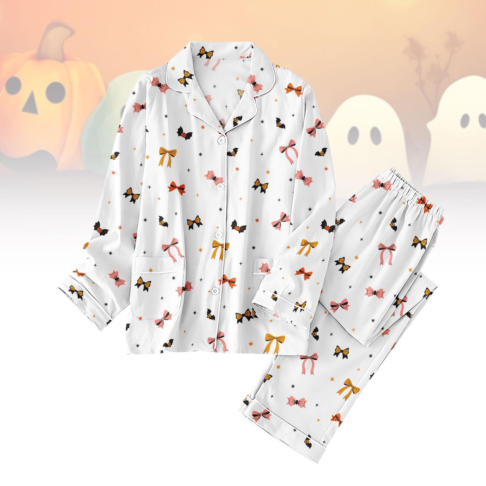 Cottagecore Bows Halloween Pajamas Set, Bat Bow Women Pajamas, Spooky Family Matching Pajamas, Fall Nightwear, Cute Girly Sleepwear