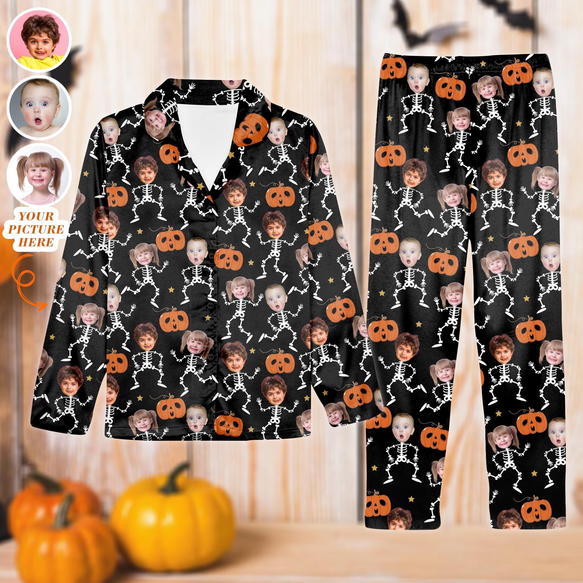 Personalized Orange Pumpkin Family Pajamas Set, Custom Photo Halloween Pajamas Set, Kids Halloween Pajamas, Spooky Pajamas, Fall Pajamas Set