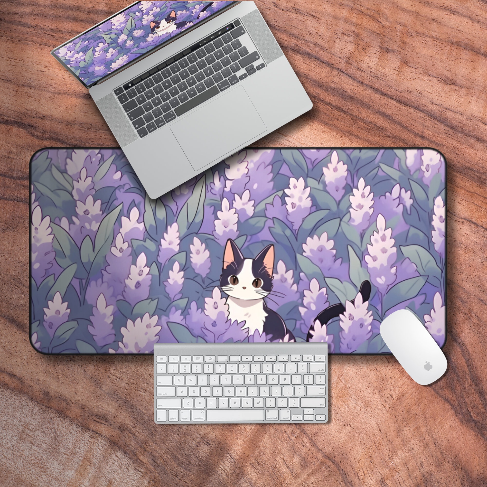 Pastel Purple Lofi Desk Mat, Anime Cat Kawaii Gaming Mouse Pad
