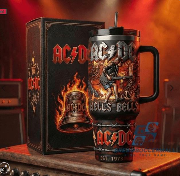 40oz insulated mug, rock band-inspired handle Hells Bells themed stainless steel travel mug Gift.