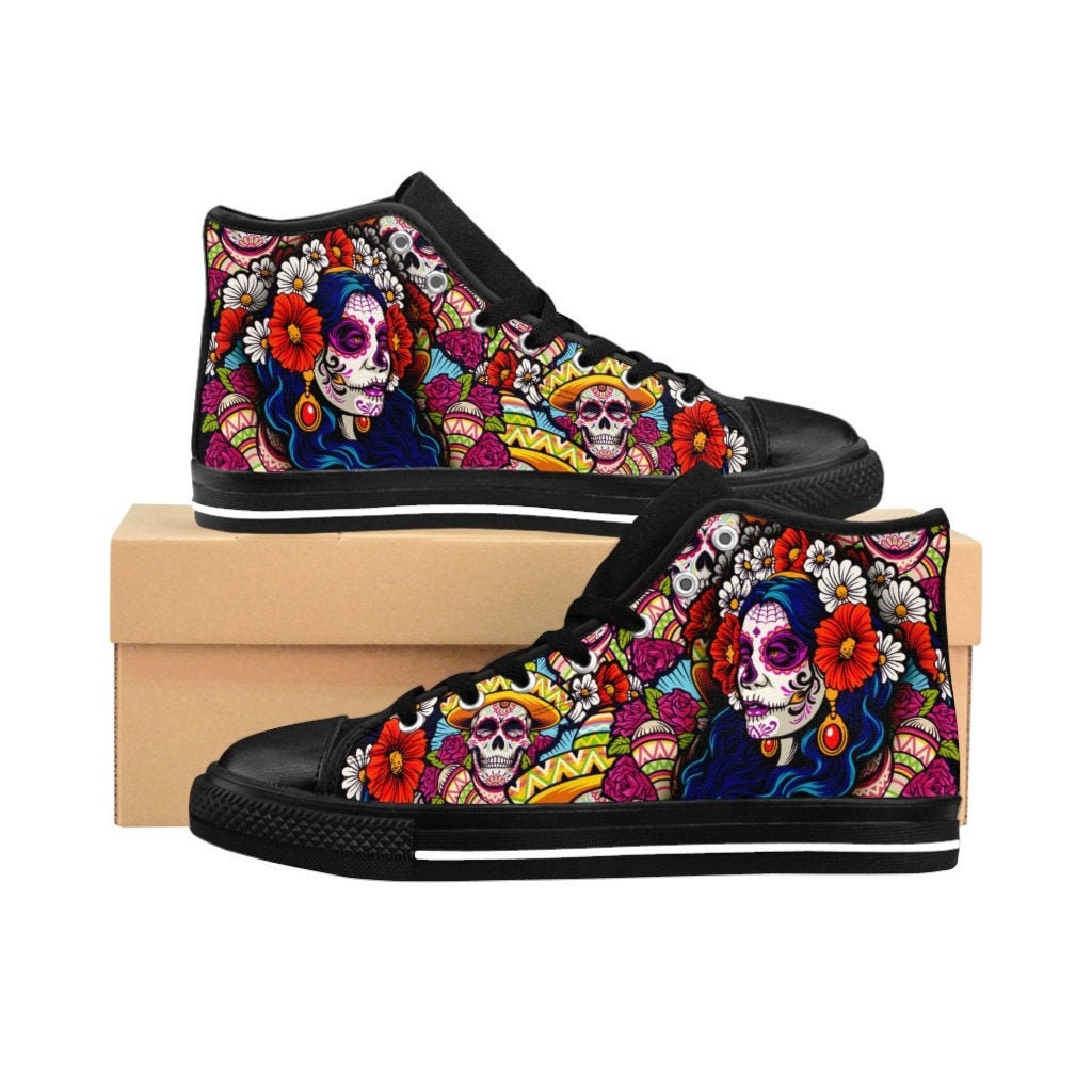 Mens Dia De Los Muertos Shoes Halloween Sneakers Day of the Dead All Hallows Eve Goth Pin Up Rockabilly Psychobilly Sugar Skull Old School