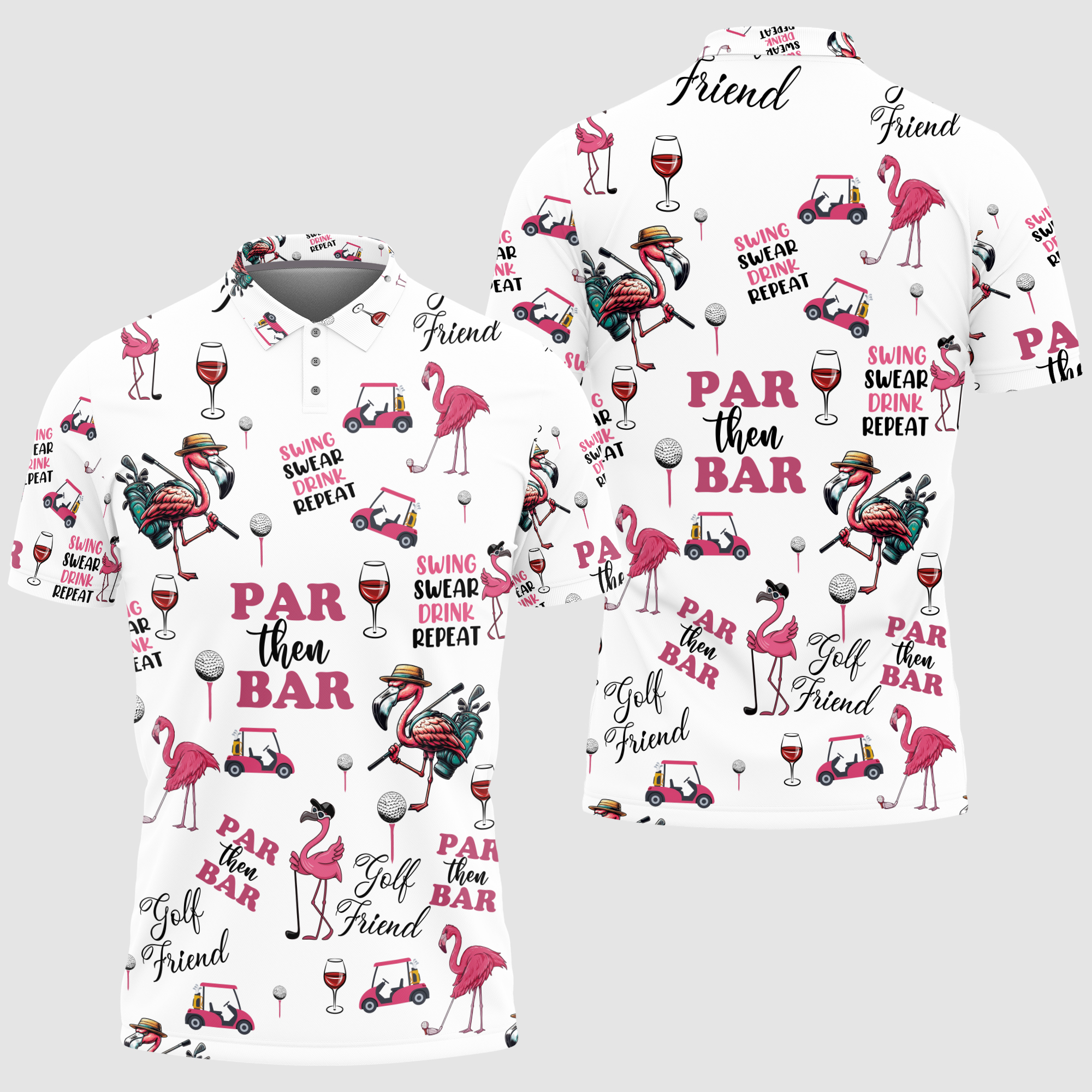 Women's Polo Shirt, Funny Flamingo Golfer Par Then Bar