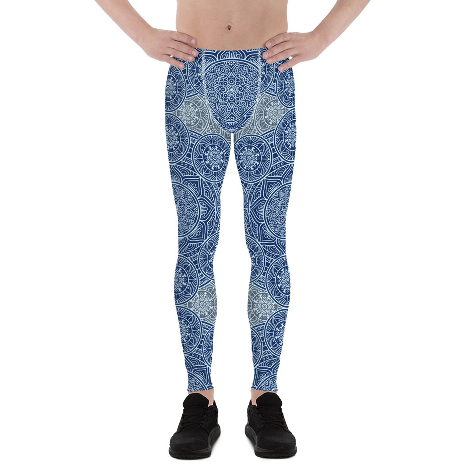 Mens Leggings - Meggings - Blue Mandala Pattern Print in a Sacred Geometry Design Perfect