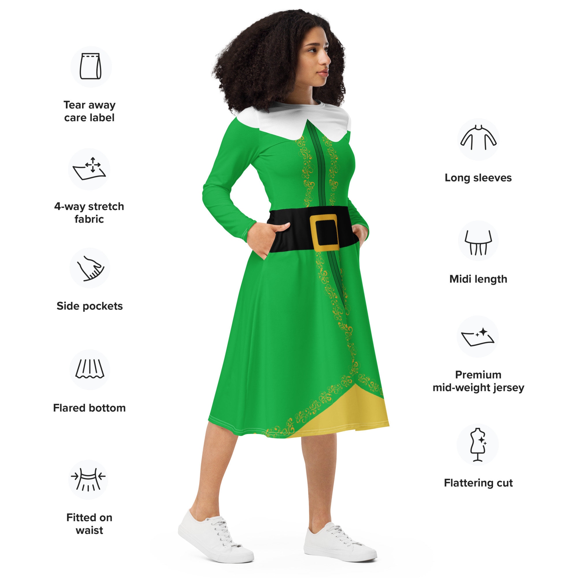 Bright Green Elf long sleeve midi dress | Halloween Costume | Cartoon Cosplay