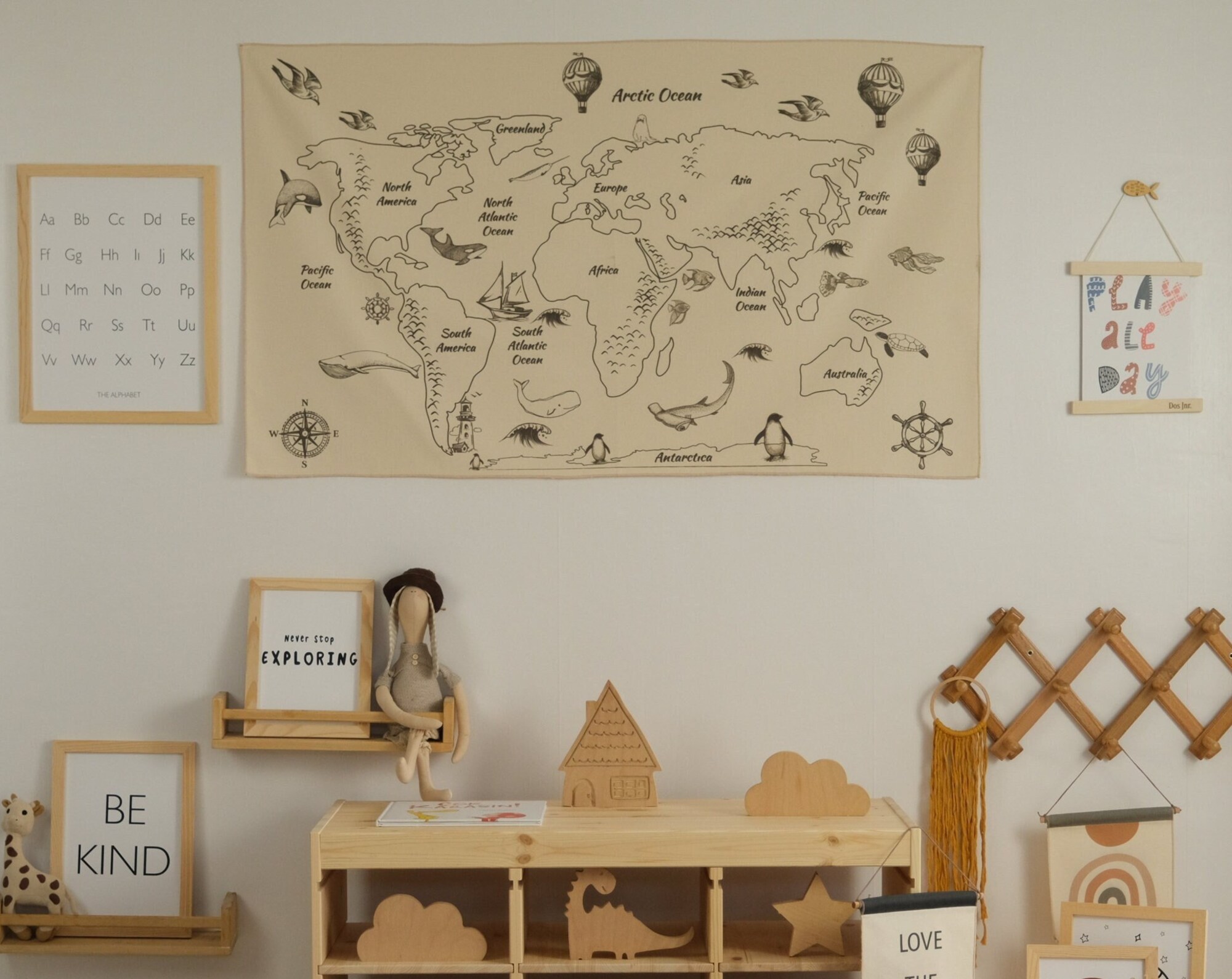 Big World Map Tapestry Organic Cotton Fabric Tapestry Kid Room Tapestry