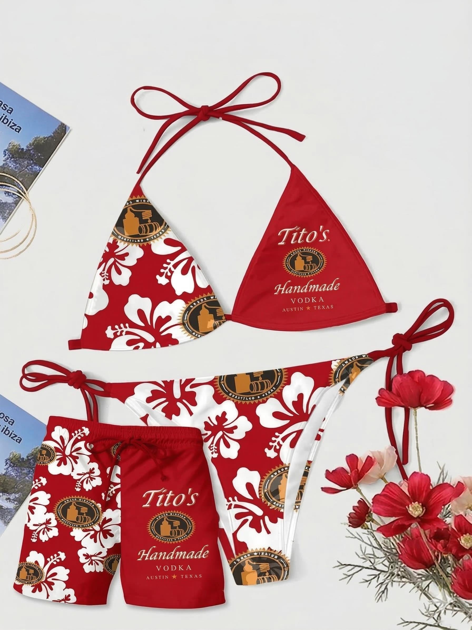 [Shorts not included] Twisted Tea Red Swimwear, Featuring Iconic Beverage Graphics, Adjustable Triangle Bikini Top