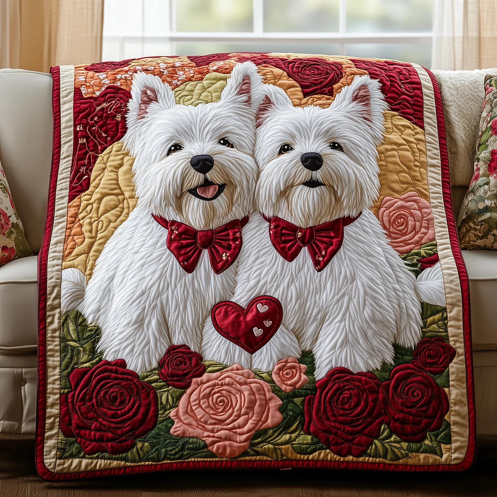 Westie Dog Quilt Blanket, Cute Couple Puppy Throw, Valentine Dog Blanket, Pet Lover Gift