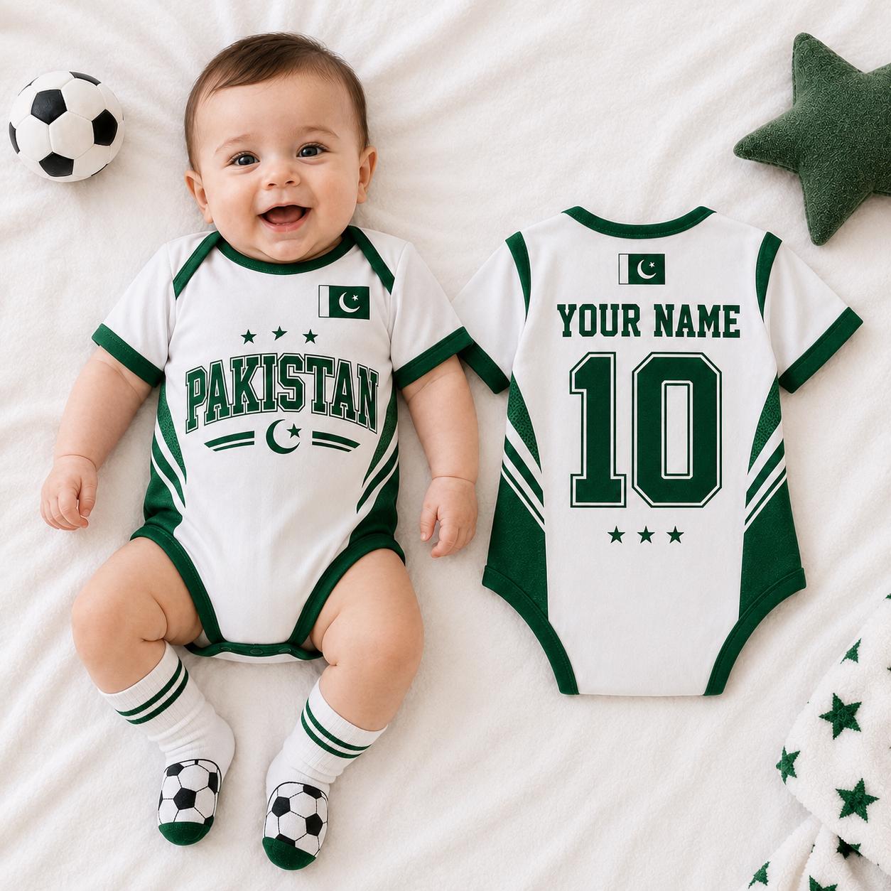 Personalized Pakistan Baby Bodysuit, Pakistan Soccer Romper, Custom Name Number Infant Outfit, Flag Baby Shower Gift