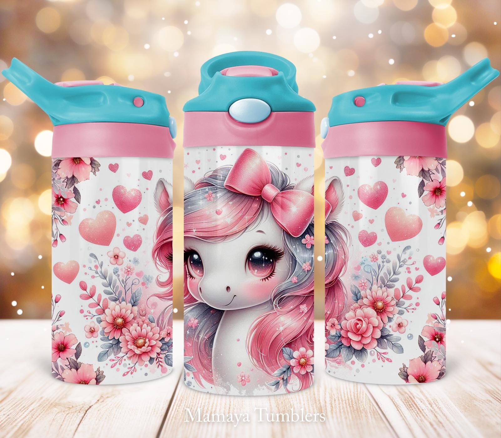 Horse 12oz Kids Flip Top Sippy Cup Tumbler, Cute animal Flowers Pink hearts, Kids Tumbler