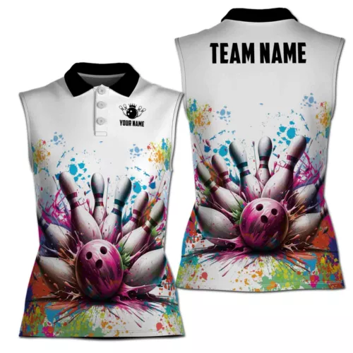 Personalized Colorful Spatter Bowling Strike Bowling Women Sleeveless Polo