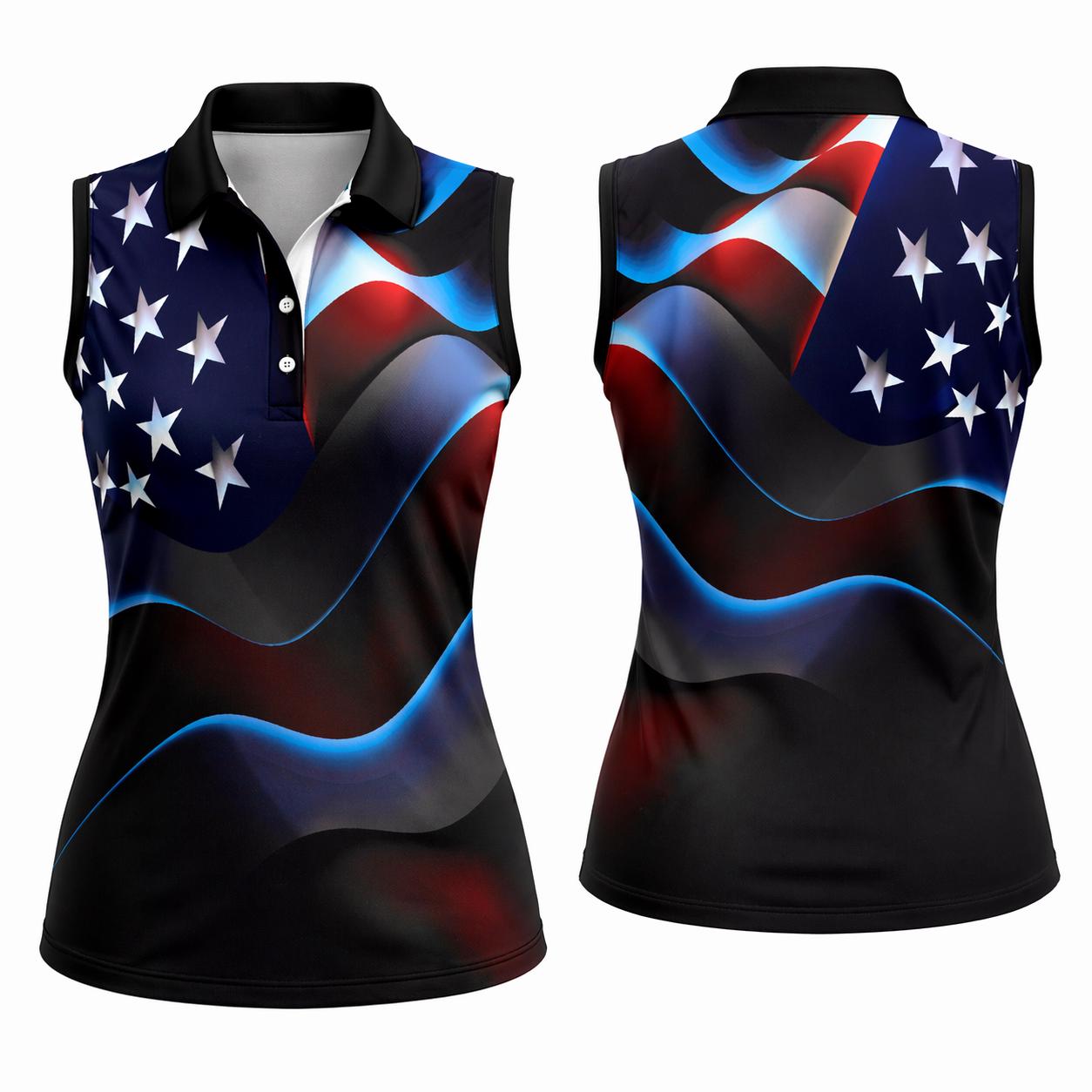 Women's Sleeveless Golf Polo Shirt with American Flag Print for Summer