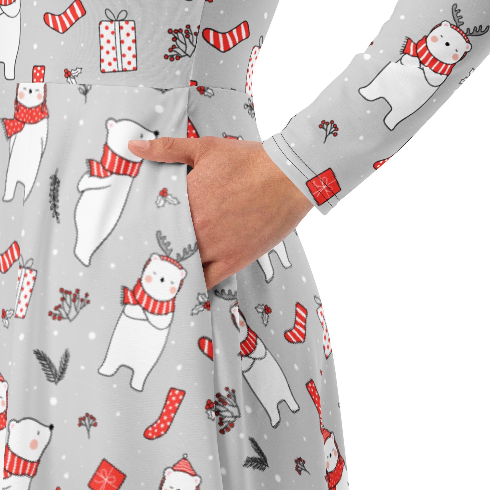 Polar Bear Holiday Long Sleeve Midi Dress with Pockets | Christmas Dress | Christmas Gift