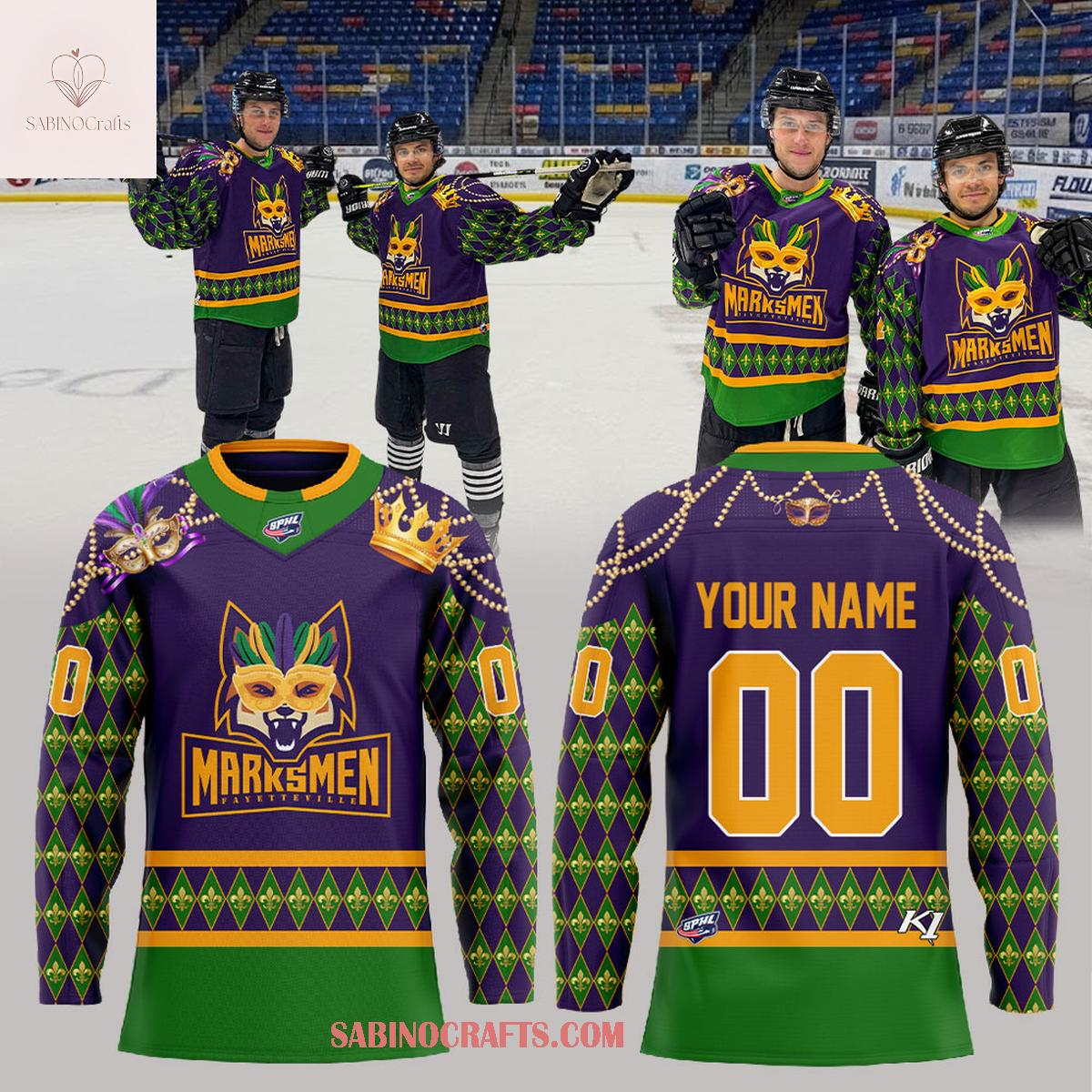 Fayetteville Marksmen Mardi Gras Night 2026 Celebrate Personalized Hockey Jersey