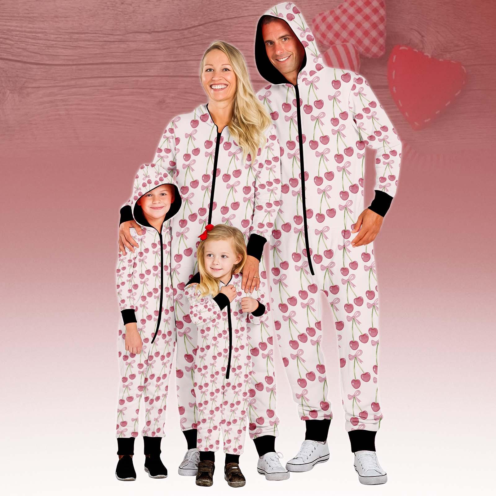 Cherry Family Jumpsuit, Heart Onesie Pajamas, Cozy Fleece Jumpsuit, Cherry One-piece Pajamas, Pajamas For Family