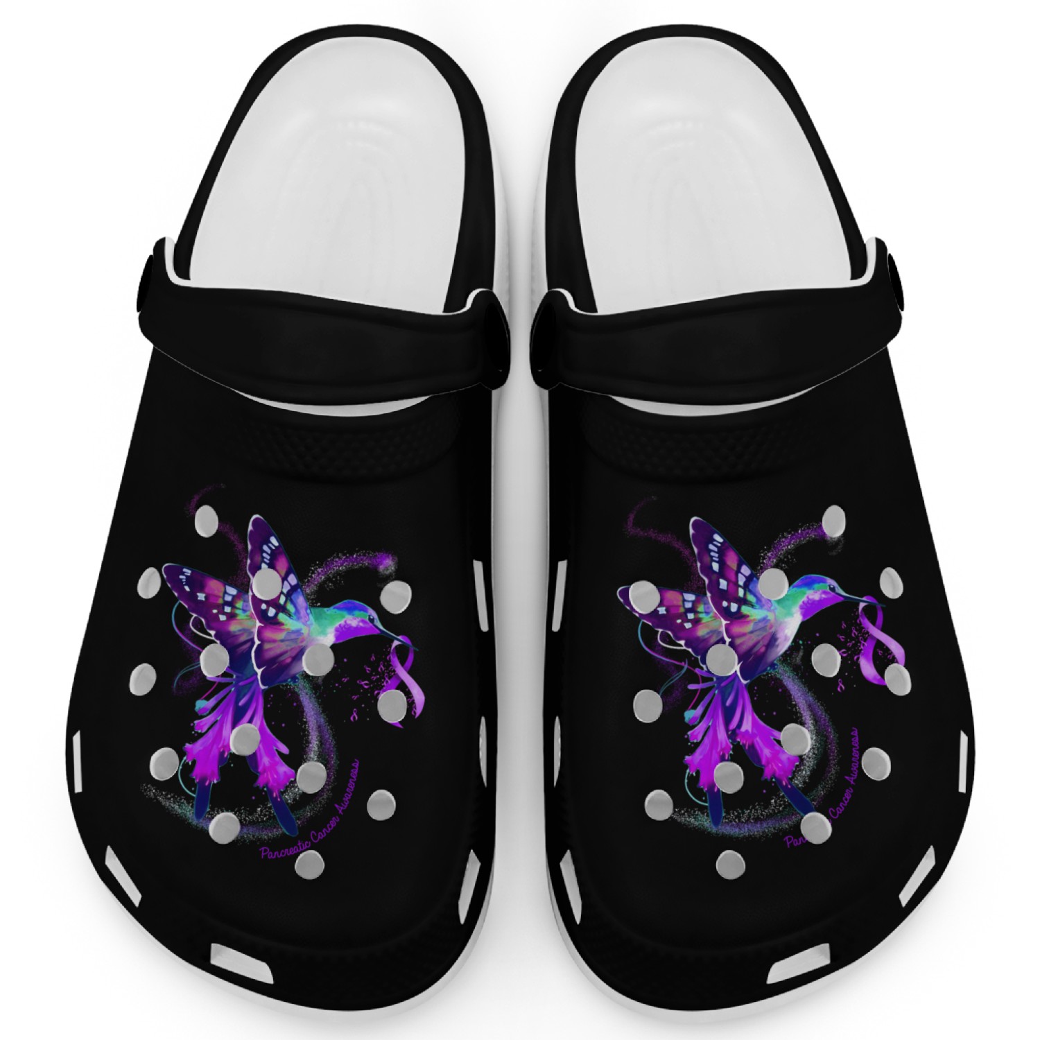 Hummingbird Purple Ribbon Pancreatic Cancer Clogs