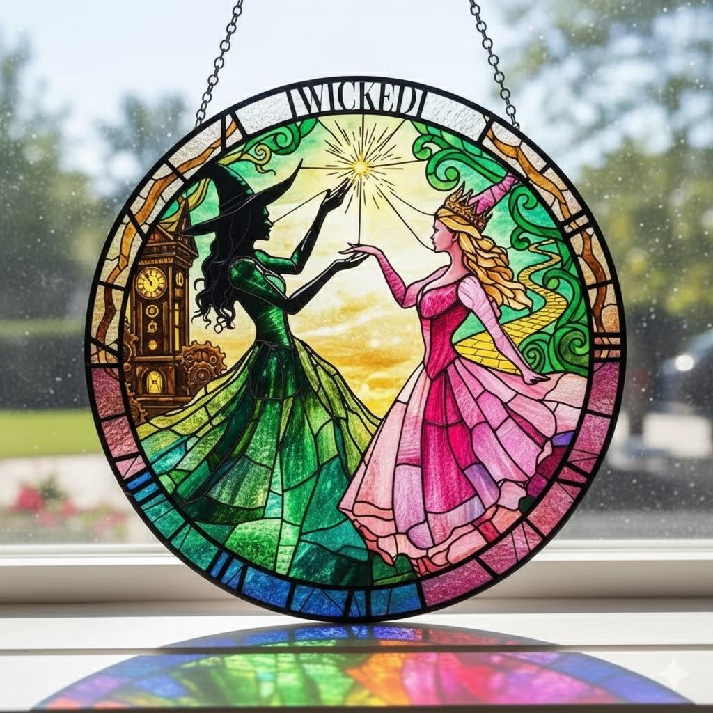 Elphaba And Glinda Stained Glass Suncatcher, Wicked The Musical Suncatcher, Broadway Musical Fan Gift, Changed For Good Suncatcher