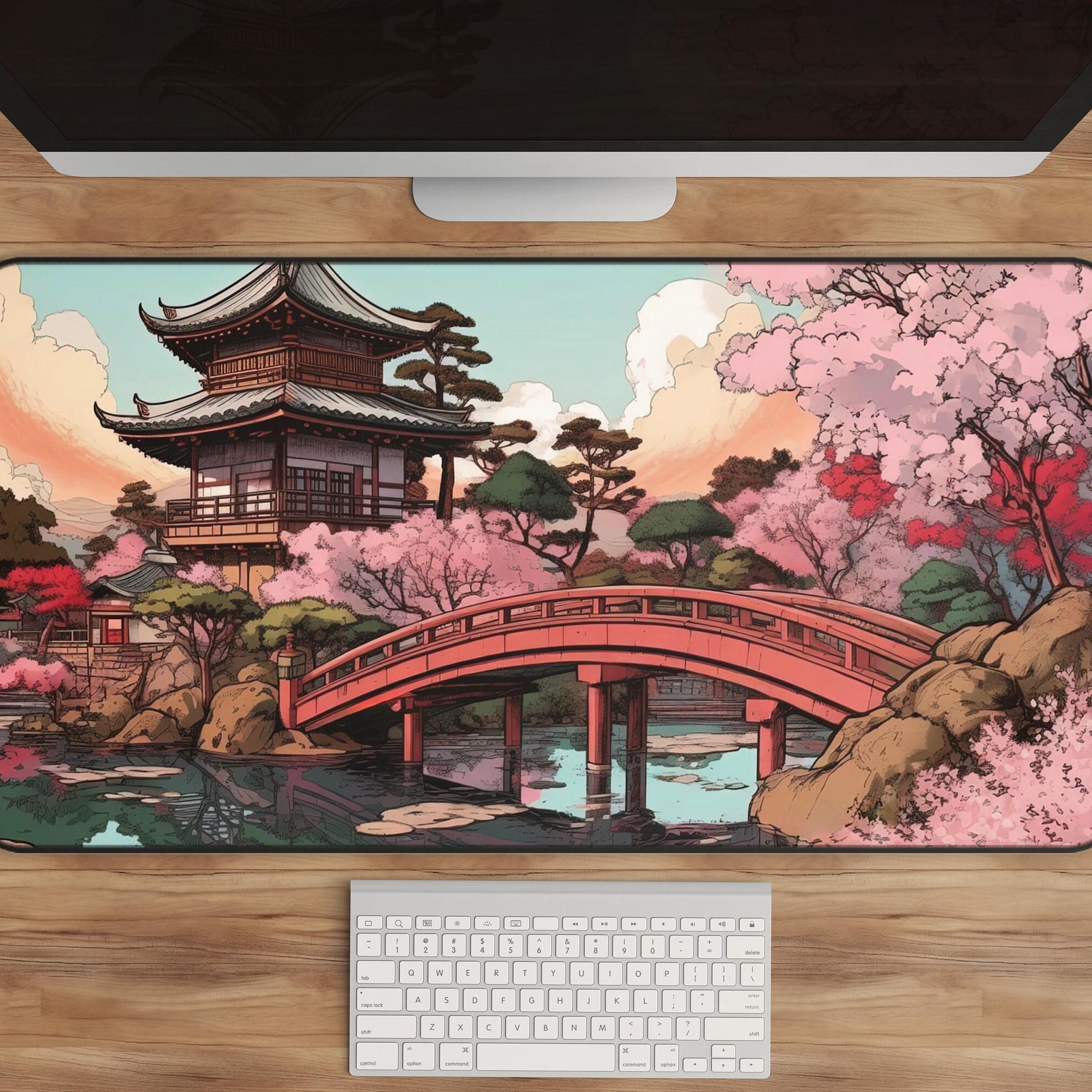 Japanese Landscape Desk Mat, Manga-Inspired Art with Pink Bridge