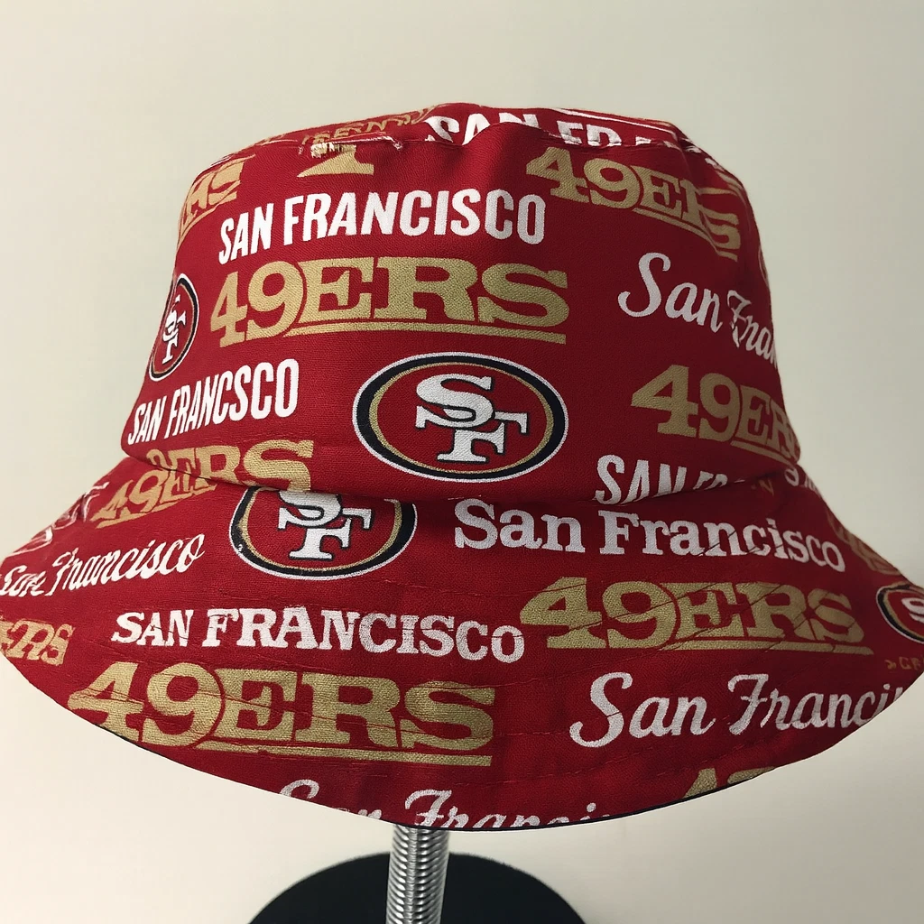 san francisco football bucket hat, red team name, team logo design, football fan gift