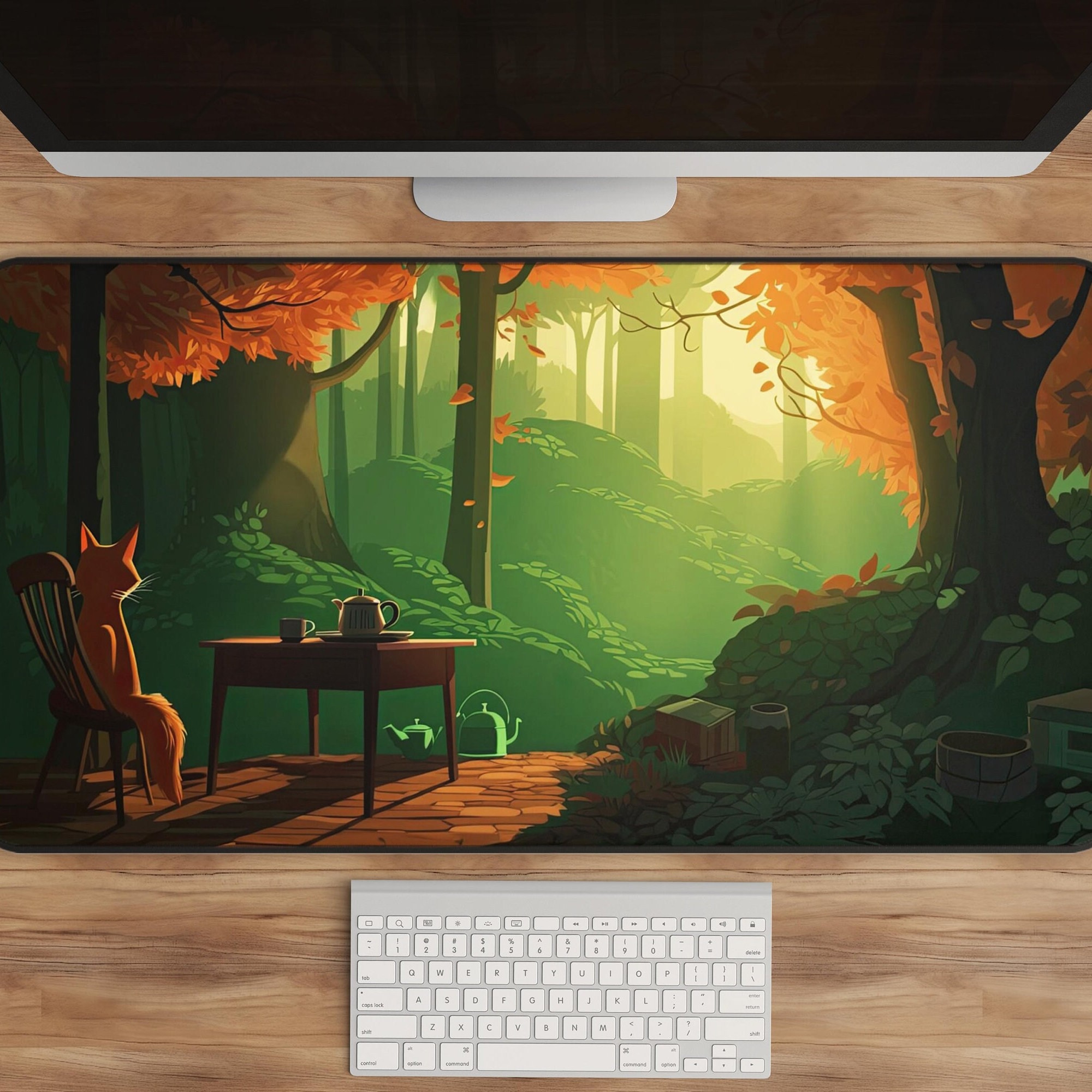 Whimsical Forest Desk Mat - Cute Fox Scene, Nature-Inspired Mouse Pad
