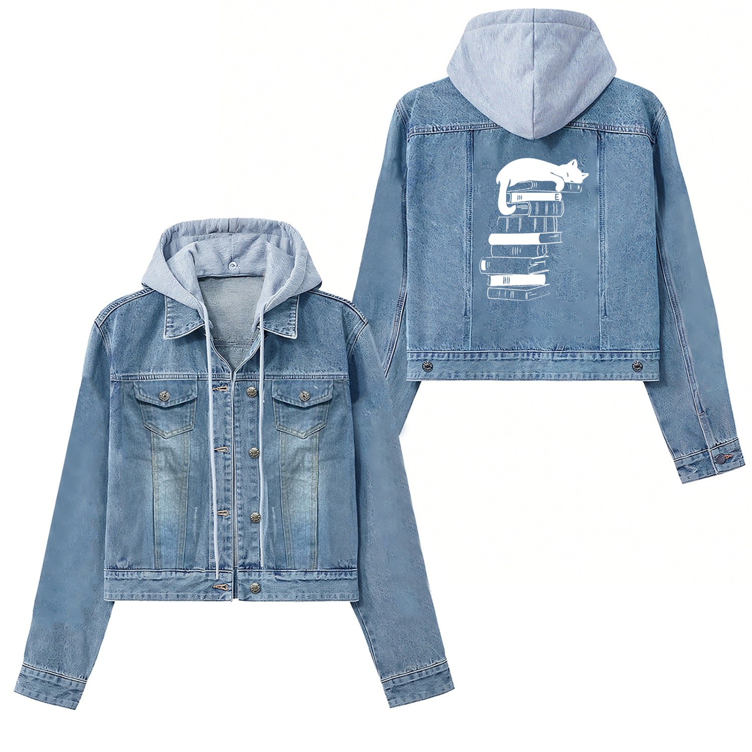 Sleep Cats Book Repeat, Cat Book Lovers Reading Bo Women's Denim Jackets
