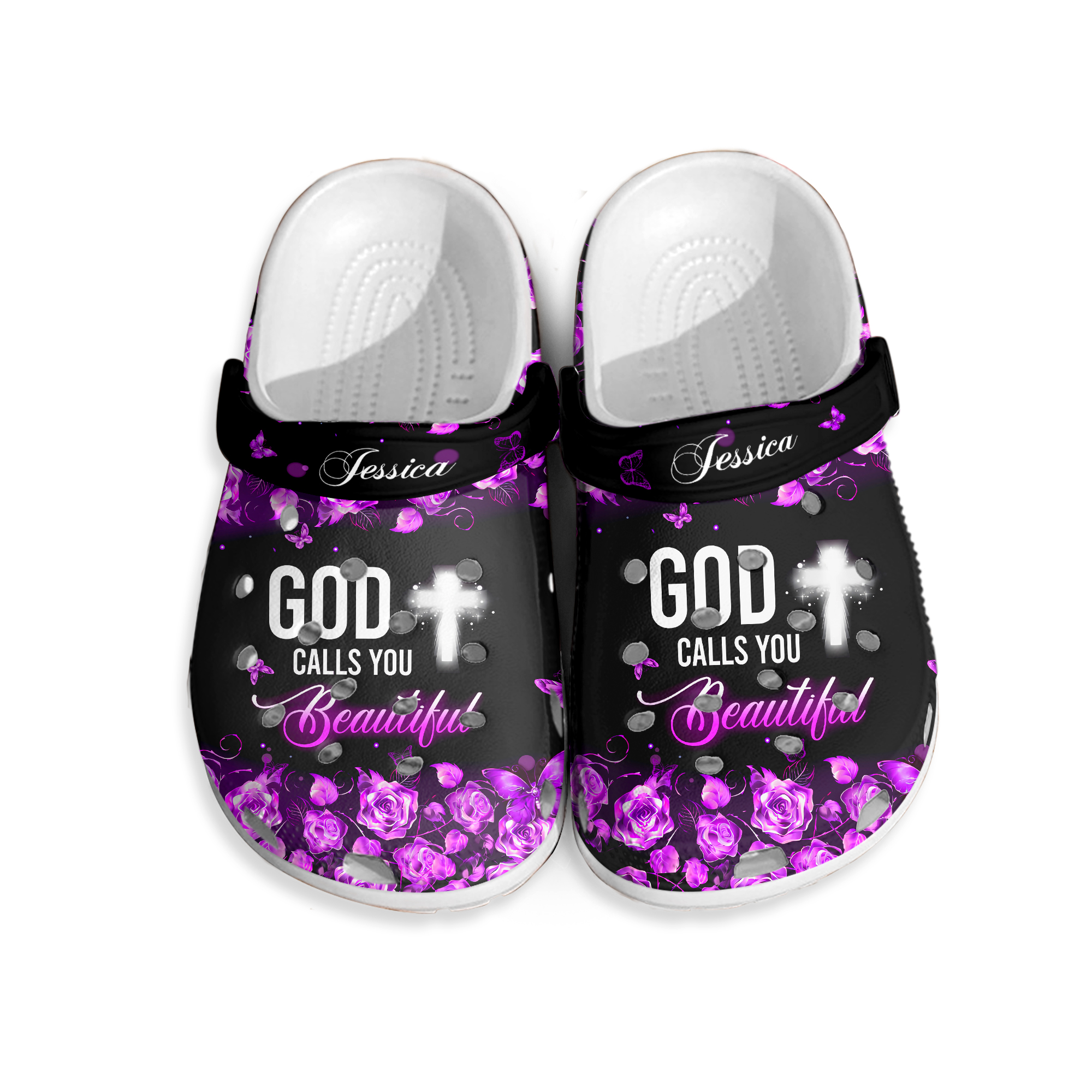 Teesdily Jesus Cross Butterfly Rose Personalized Backstrap Clogs, God Calls You Beautiful Classic Clogs, Sport Clogs, Christian Girl Gifts